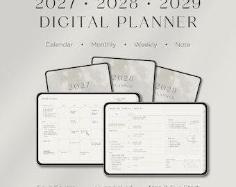 Minimal digital planerare - 2027, 2028, 2029 Hyperlänkad årlig månadsvis veckovis layout, digital anteckningsbok, iPad GoodNotes