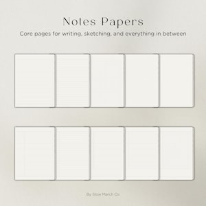 Op de afbeelding: Een verzameling witte papieren pagina's met verschillende lijn- en rasterpatronen. De tekst "Notes Papers" en "Core pages for writing, sketching, and everything in between" staan bovenaan. De merknaam "By Slow March Co" staat onderaan.
