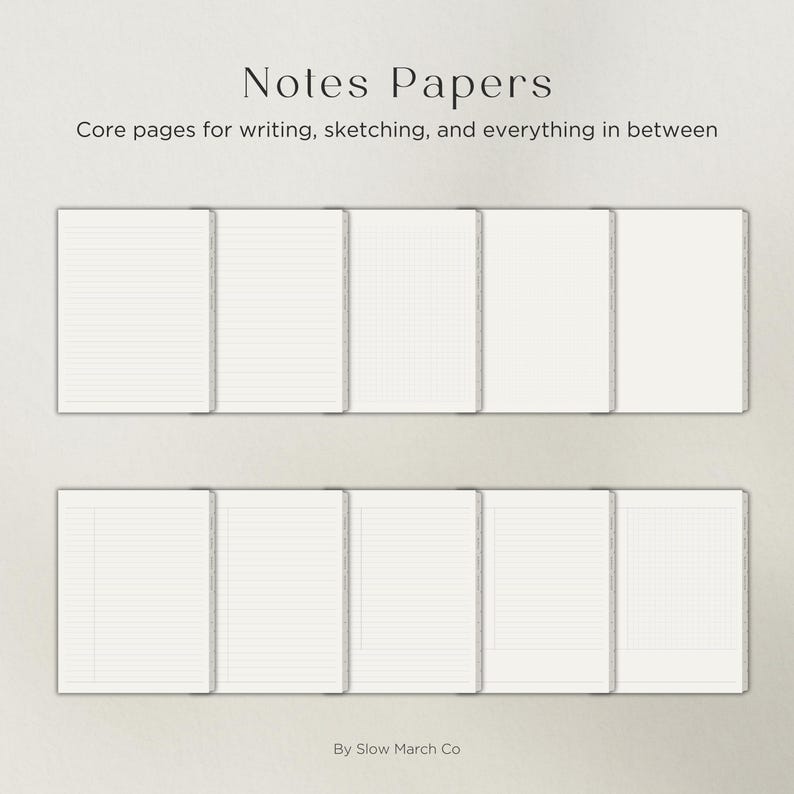 Op de afbeelding: Een verzameling witte papieren pagina's met verschillende lijn- en rasterpatronen. De tekst "Notes Papers" en "Core pages for writing, sketching, and everything in between" staan bovenaan. De merknaam "By Slow March Co" staat onderaan.
