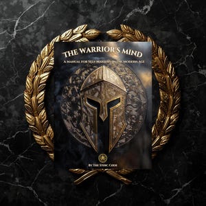 Può includere: Un libro intitolato "The Warrior's Mind" con una grafica di elmo color oro, incorniciato da una corona d'alloro dorata. La copertina del libro è scura con accenti dorati, e il testo "A Manual for Self-Mastery in the Modern Age" è visibile.