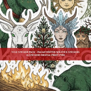 Peut inclure: Un ensemble de 19 autocollants sur le thème de Yule, avec des motifs païens du solstice d'hiver. Les autocollants comprennent des illustrations d'un cerf, d'une chèvre, d'un soleil, d'une femme avec une couronne de cristal, d'un ours, d'une bûche en feu et d'un sapin de Noël.