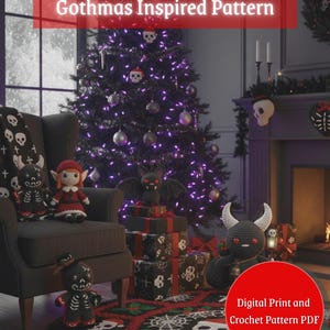 May include: A festive scene with a black Christmas tree adorned with purple lights and skull ornaments. A dark armchair holds crochet dolls and a skull-themed blanket. A round rug with a skull and spiderweb design is on the floor. The text reads "Gothmas Inspired Pattern".