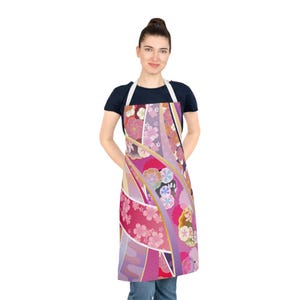 Japanese Apron for Adults - Tabane Noshi Floral Pattern with Cherry Blossom Plum,Elegant Japan Style