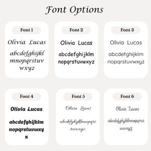 May include: A chart titled Font Options displaying six distinct black typeface styles on white backgrounds. Each section labeled Font 1 through Font 6 shows the name Olivia Lucas followed by the lowercase alphabet from a to z in that specific style.
