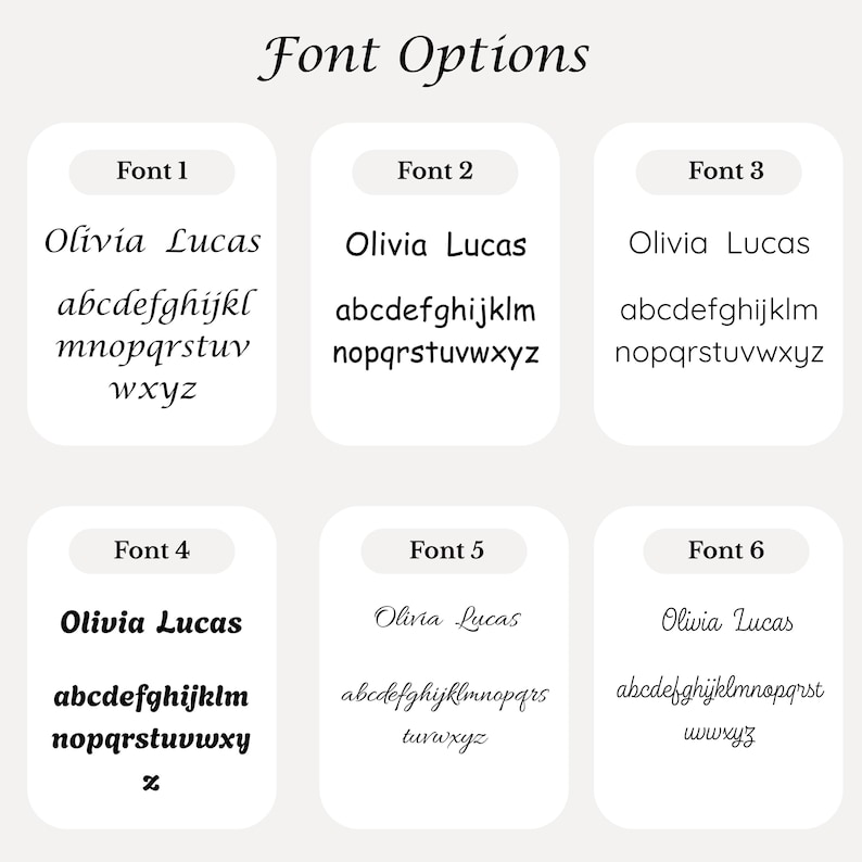May include: A chart titled Font Options displaying six distinct black typeface styles on white backgrounds. Each section labeled Font 1 through Font 6 shows the name Olivia Lucas followed by the lowercase alphabet from a to z in that specific style.
