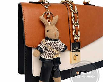 Handmade Bunny Bag Charm - Rabbit Keychain with Houndstooth Sweater - Purse Accessory Gift