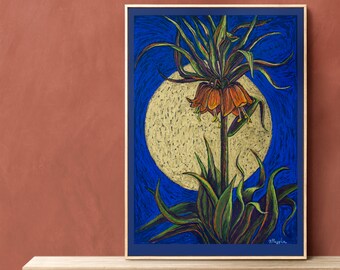 Floración de medianoche - Pastel al óleo de Fritillaria Imperials bajo la luz de la luna