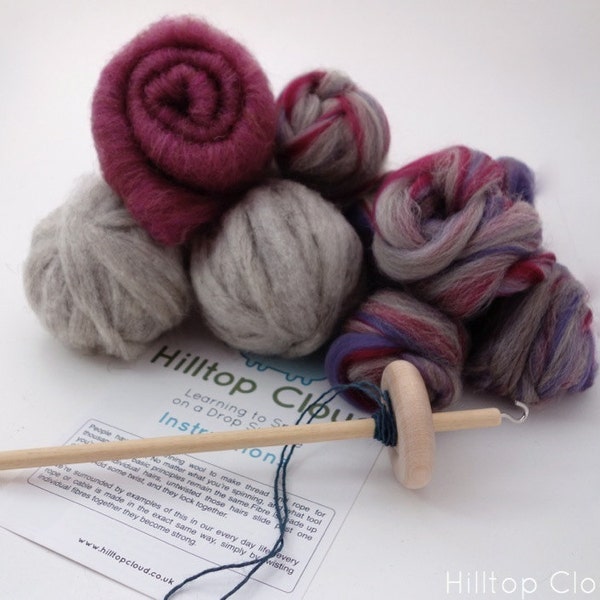 Drop Spindle Kit Purple - Learn to Spin- 135g (4.8oz) roving, batt, fibre, a spindle and beginner instructions