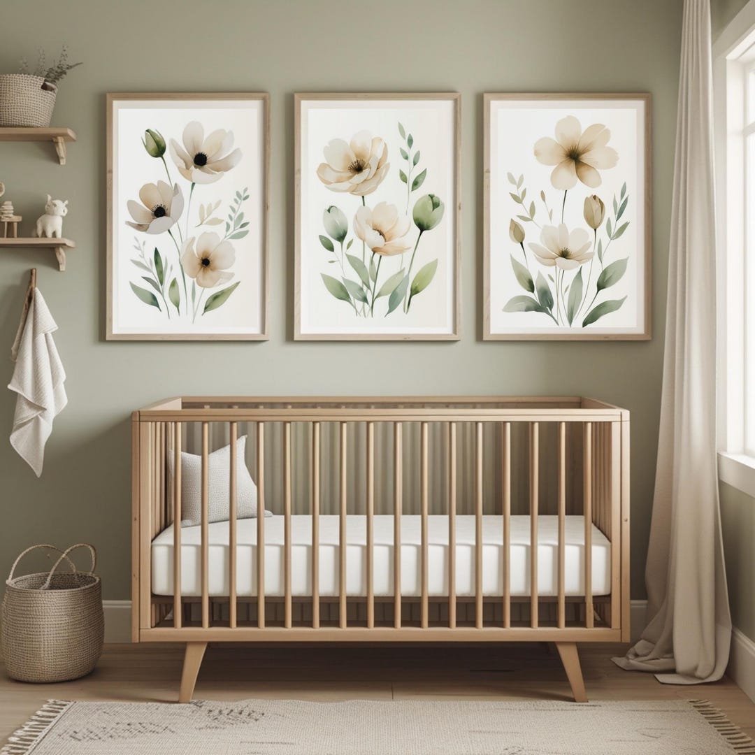 Neutral Wildflower Nursery Prints Set of 3 | Soft Watercolor Floral Art ...