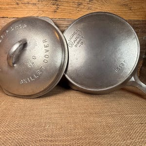 May include: A vintage cast iron skillet and lid set. The lid is marked "Wagner Drip Cover No 9 Skillet Cover". The skillet has a long handle and is marked "Wagner Ware Sidney -O- 1059 F". The set is silver in color.
