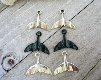 2 Whale Tail Charms, 20x25mm, Mykonos Metal Castings, Green Patina, Silver or Antique Pewter, Lead Free Metal, Made in Greece