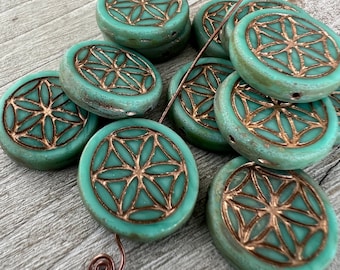 2 Flower of Life Coin Beads, 18mm, Tea Green Picasso with Bronze Wash, Czech Glass Boho Beads