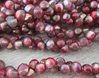 4x4mm Raspberry Magic Etched Mushroom Beads, Czech Glass Beads, Strand of 50,  Ready to Ship