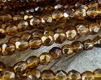4mm Dark Honey Luster Beads, Faceted Metallic Czech Glass, Strand of 50, Ready to Ship