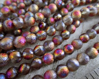 6mm Etched Crystal Inferno Druks, Round Czech Glass Beads, Strand of 25