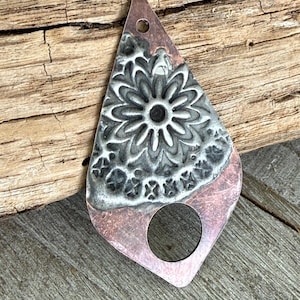 Stamped Silver on Copper Pendant, Rustic Handmade, Mixed Metal Jewelry Components #428D