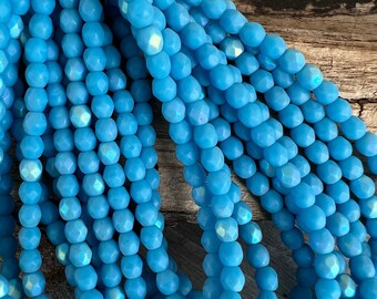 4mm Cornflower Etched AB Finish Glass Beads, Faceted Fire Polished  Czech Glass, Strand of 50