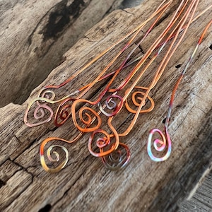 10 Flame COPPER FIDDLEHEAD Head Pins, 22 gauge Copper,  2 1/2 - 3 inch length, Handmade Headpins