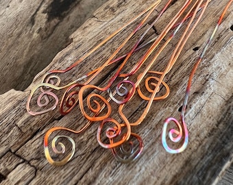 10 Flame COPPER FIDDLEHEAD Head Pins, 22 gauge Copper,  2 1/2 - 3 inch length, Handmade Headpins