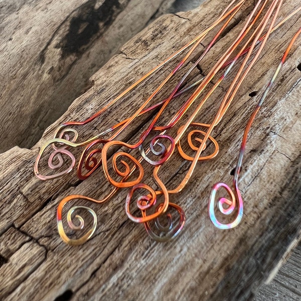 10 Flame COPPER FIDDLEHEAD Head Pins, 22 gauge Copper,  2 1/2 - 3 inch length, Handmade Headpins