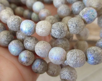 6mm Misty Glow Etched Druk Czech Glass Beads, Ivory with Silver AB Etched Round Beads, Full Strand of 30 Beads