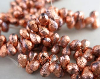 4x6mm Copper Ore Czech Glass Etched Drops, Full Strand of 25, Ready to Ship