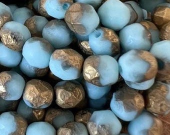 6mm Soft Blue Gold Czech Glass Faceted  Beads, Strand of 25, Ready to Ship