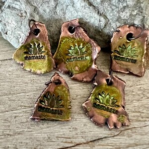 Namaste Charm, Handmade Rustic Edge Clay & Copper Electroformed Pendant with Metallic Green Patina Wash