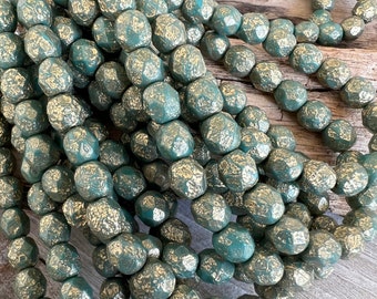 6mm Sea Green Gold Czech Glass Faceted  Beads, Strand of 25, Ready to Ship