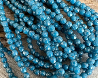 4mm Blue Cloud Glass Beads, Faceted Fire Polished  Czech Glass, Strand of 50