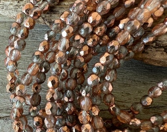 4mm Copper Ore Etched Beads, Faceted Matte Beads, Czech Glass, Strand of 50