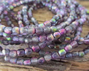 3mm Purple Rainbow Druk Czech Glass Beads, Etched Round Beads, Full Strand of 50 Beads