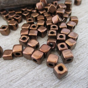 4mm Bronze Square Beads, 50 Loose Cube Beads, 1.7mm Hole, 6/0 Boho Czech Glass Cube Beads