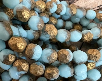 6mm Light Blue Gold Etched Czech Glass Faceted  Beads, Strand of 25, Ready to Ship