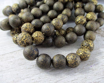 8mm Sapphire Picasso Gold Wash Druk Czech Glass Beads, Etched Fire Polished Round Beads, Full Strand of 20 Beads
