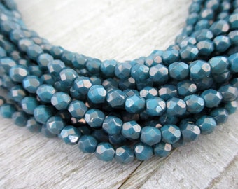 4mm Turquoise Moondust Czech Glass Beads, Fire Polished Seed Beads, Full Strand of 50 Beads