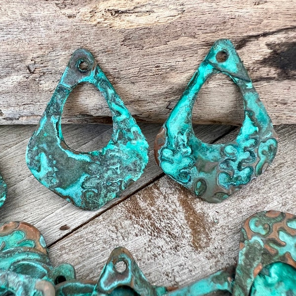 2 Verdigris Copper Large Embossed Charms, 35x26mm, Hole for Hanging Earring Charms, Handmade Copper Dangle Components