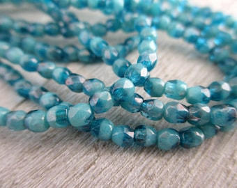 3mm Lagoon Luster Czech Glass Beads, Fire Polished Seed Beads, Full Strand of 50 Beads