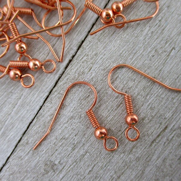 Solid Copper FRENCH EARWIRES, 10 Pairs, Bright Copper Ball & Coil Ear Wires, Commercial Copper Findings