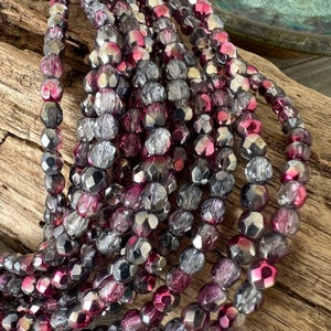 4mm Mauve Celestial Etched Faceted Beads, Czech Glass Seed Beads, Strand of 50