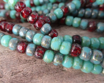 6/0 Sea Green & Ruby Red Trica Czech Glass Beads, Tri Cut 4x3mm Glass Beads, Strand of 50 Beads