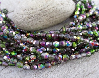 4mm Magic Orchid Czech Beads, Faceted Etched Glass, Czech Glass, Strand of 50