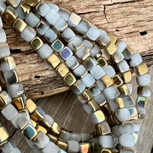 4mm White & Gold AB Square Beads, Strand of 40 Cube Beads, 1mm Hole, 6/0 Boho Czech Glass Cube Beads