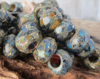 8x12mm Sapphire Gold Roller Beads with 3mm Hole, Strand of 15 Czech Glass Rondelles, Large Hole Beads