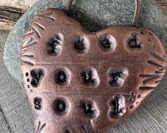 Feed Your Soul Heart Pendant, Handmade Clay & Copper Electroformed Pendant, 62x45mm