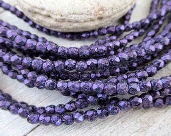 3mm Aubergine Czech Glass Beads, Fire Polished Seed Beads, Full Strand of 50 Beads