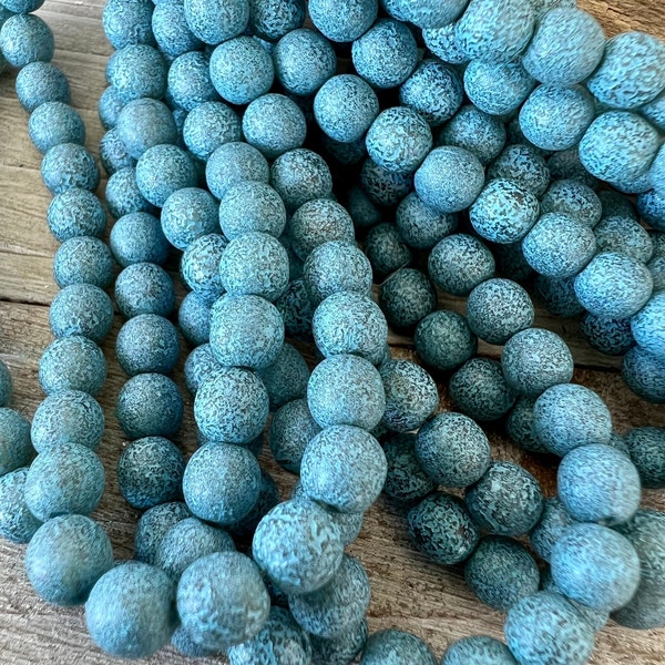 6mm Turquoise Wash Druk Beads, Round Etched Czech Glass Beads, Strand of 30