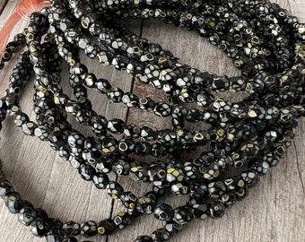 4mm Black Picasso Faceted Czech Glass Beads, Boho Rustic Beads, Strand of 50