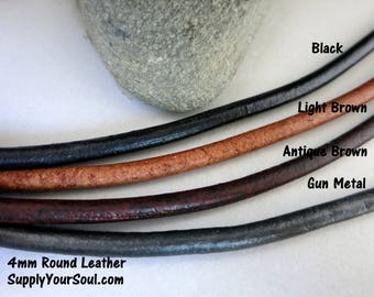 4mm Round Leather Cord 3 Feet, Black, Natural, Lt Brown, Antique Brown or Gunmetal, Boho Bracelet Leather, Ready to Ship!