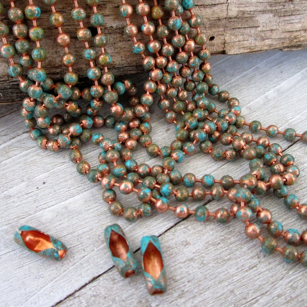 3.2mm COPPER Ball Chain, Verdigris Patina , Hand Applied Patina, by the Inch, 6" to 36", One Connector per ft included